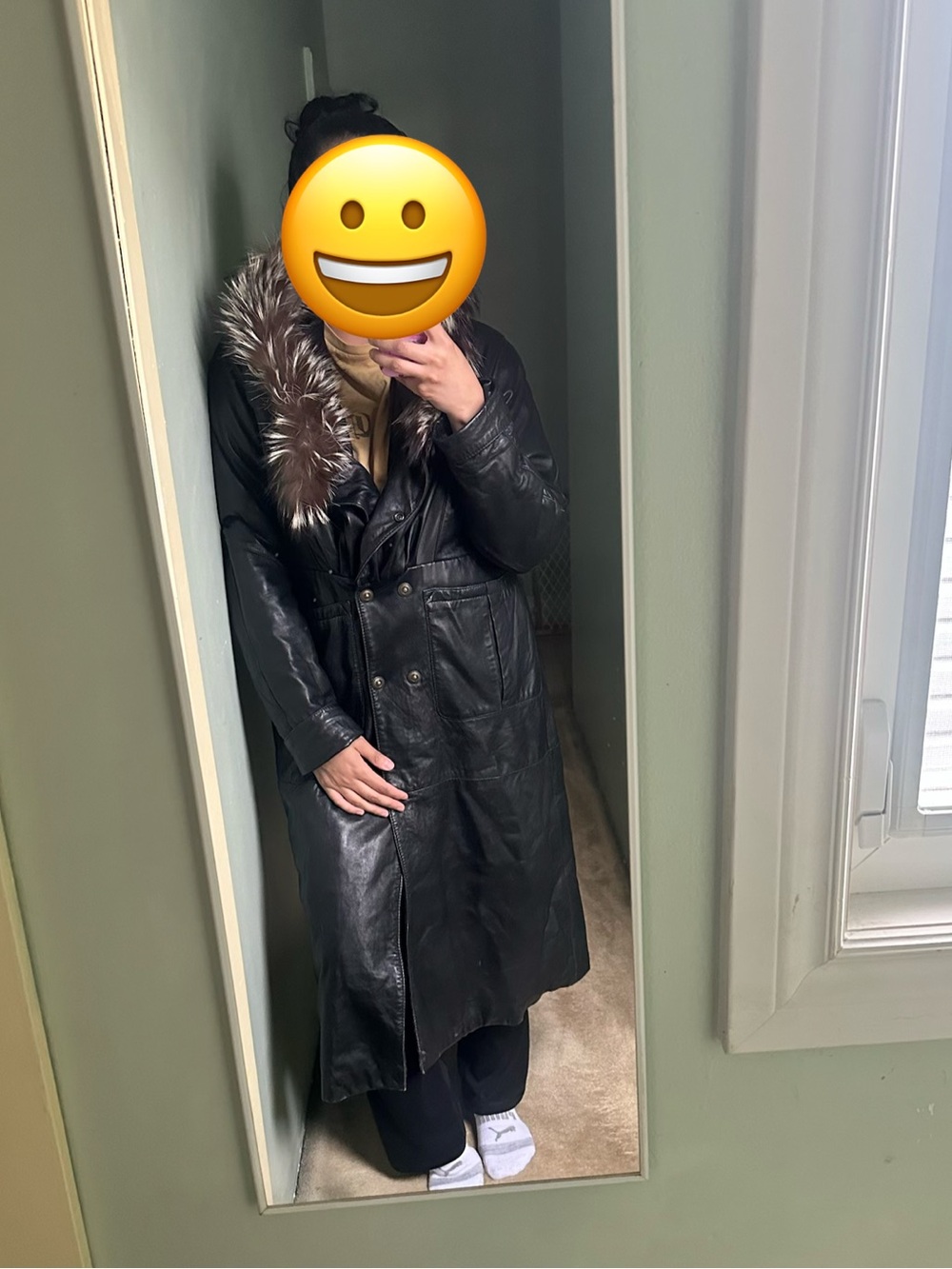 Vintage Long Black Leather Coat with Fur-Trim Hood